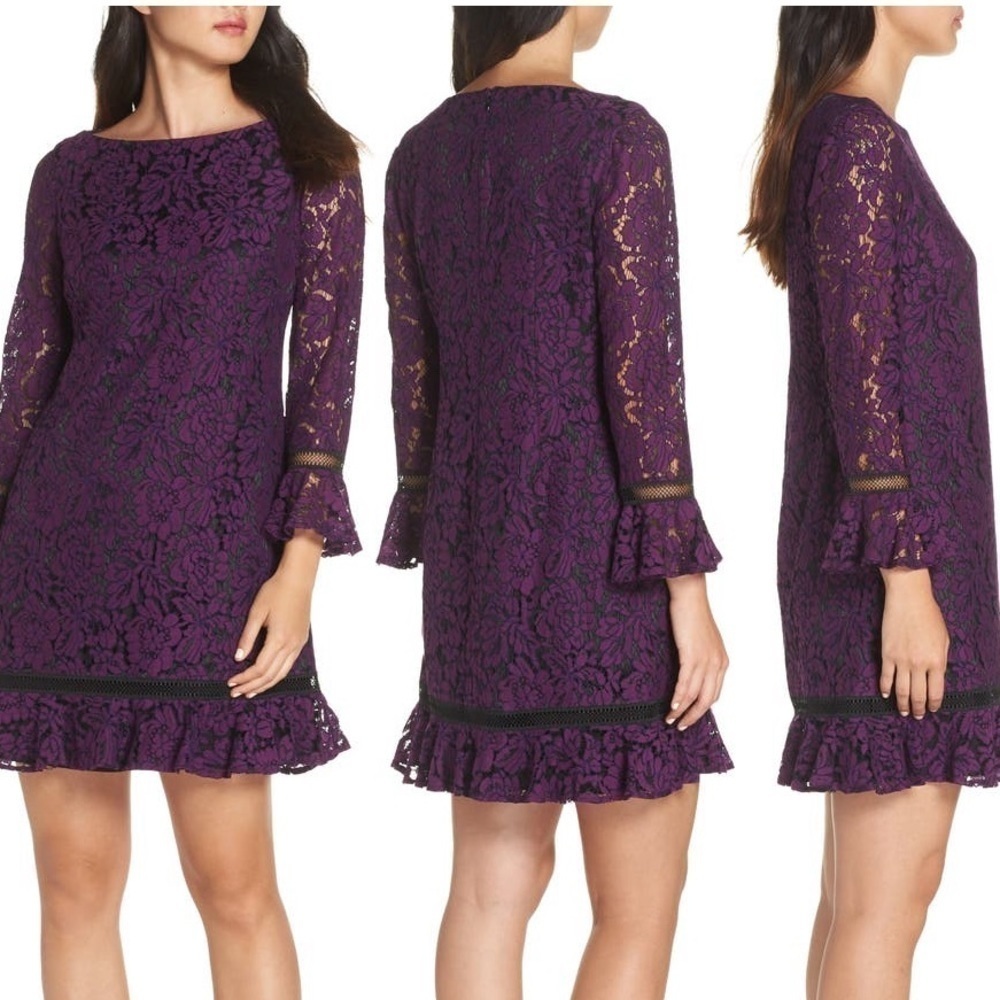 Eliza J Purple Flare Sleeve Lace Shift Dress Size 8P